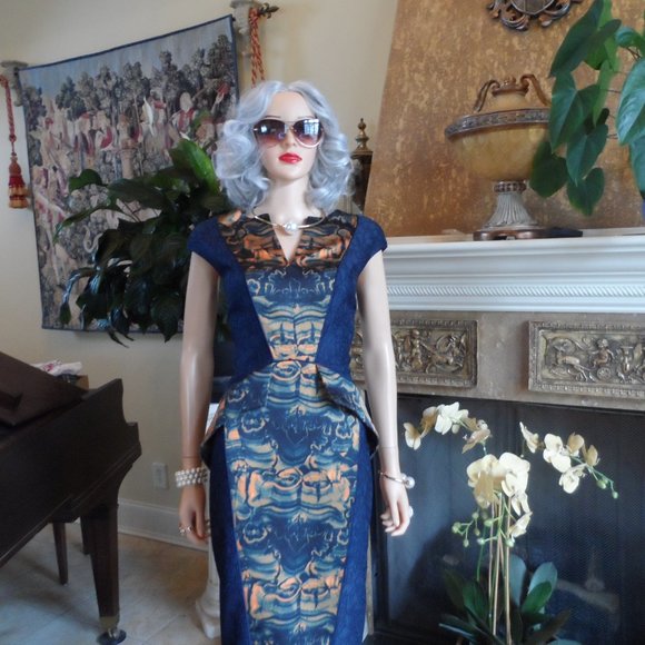 New Fotini Navy Blue Lace Dress w/Orange-Blue Abstract Print Inserts Size 8 - Picture 3 of 16